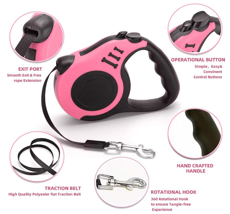 Retractable Dog Leash for Medium - Small Dogs and Cats 16.5FT Tangle Free, Heavy Duty Walking Leash with Anti Slip Handle, Pause and Lock Strong Nylon Tape, Store Dog Leash Retractable
