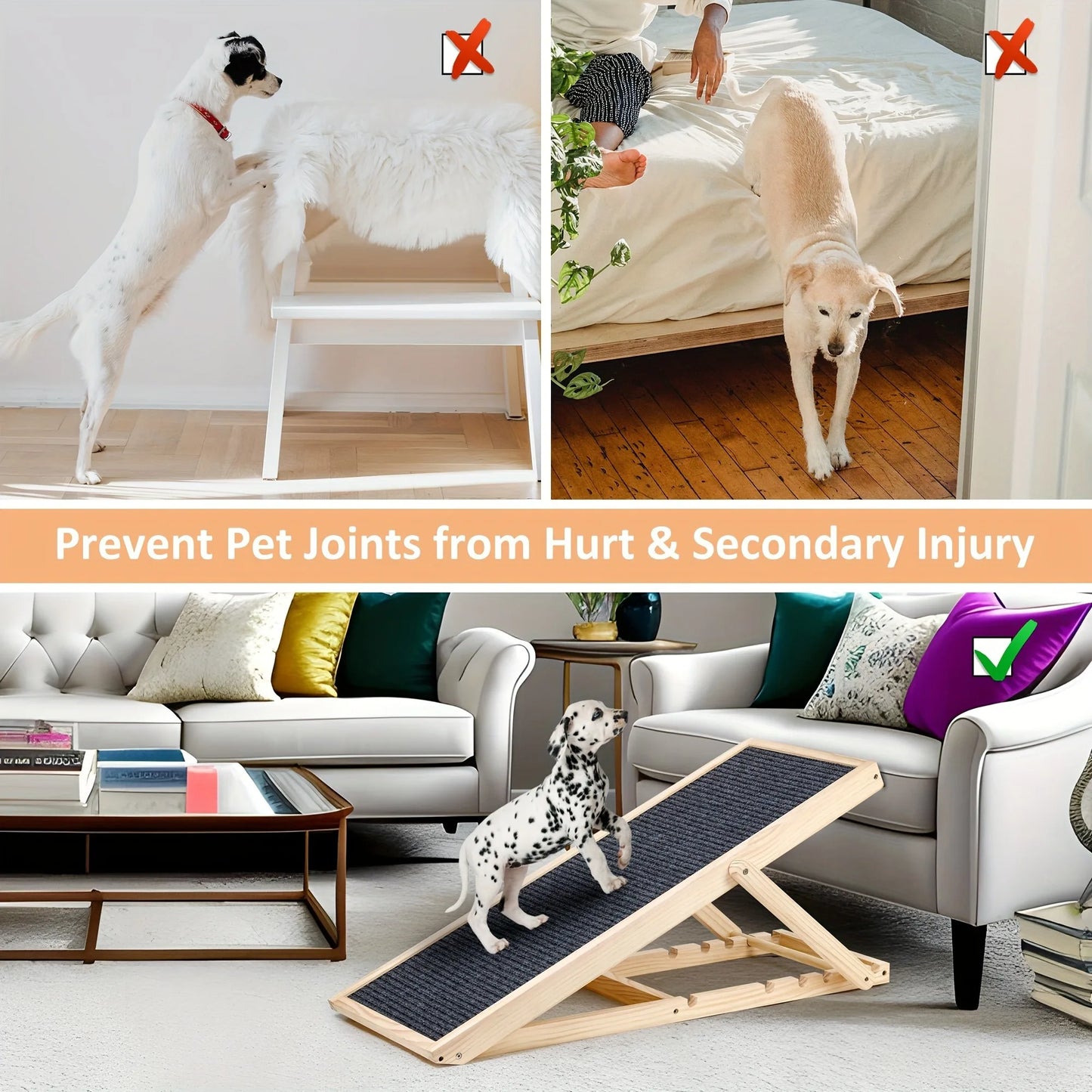 Adjustable Dog Cats Ramp, Upgraded Folding Portable Wood Pet Ramp for Small and Older Animals, 42" Long, Height from 14" to 26"