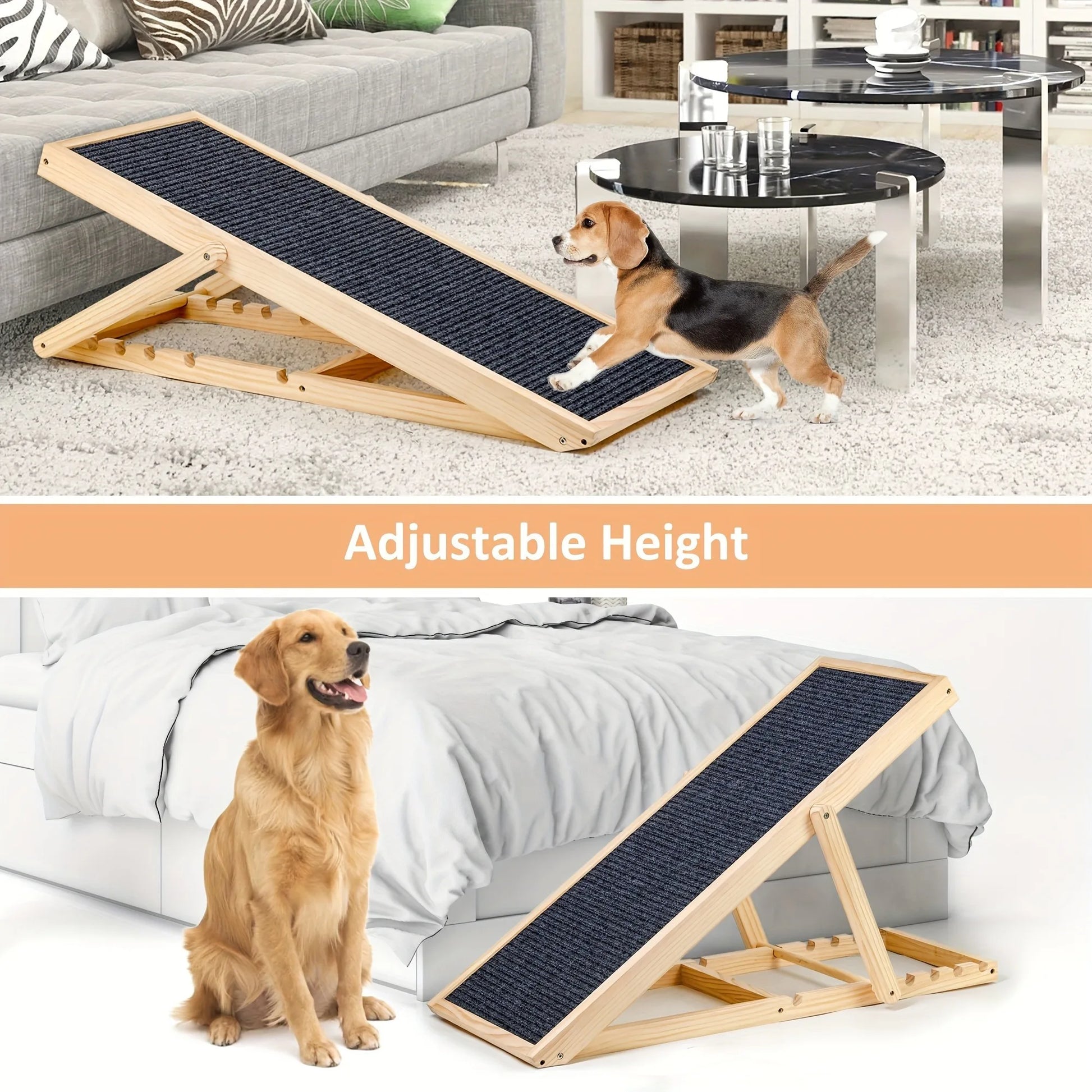 Adjustable Dog Cats Ramp, Upgraded Folding Portable Wood Pet Ramp for Small and Older Animals, 42" Long, Height from 14" to 26"