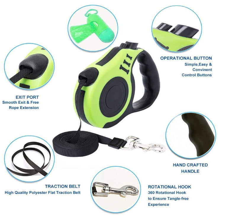 Retractable Dog Leash for Medium - Small Dogs and Cats 16.5FT Tangle Free, Heavy Duty Walking Leash with Anti Slip Handle, Pause and Lock Strong Nylon Tape, Store Dog Leash Retractable